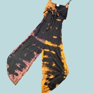 H.I.P. Jumpsuit Women L Orange Black Tie Dye Tie Front Smocked Boho Festival New